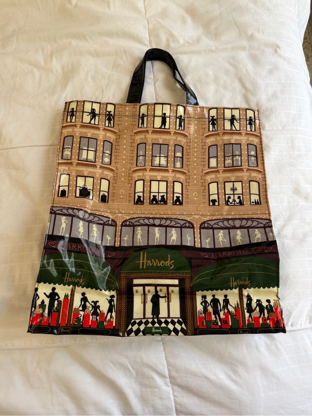 Harrods Green, Beige and Black Illustrated Storefront Tote